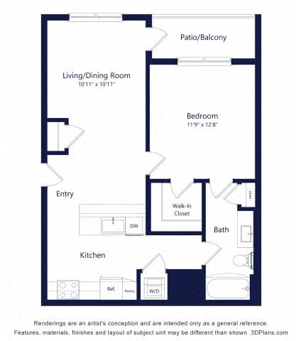 Floor plan for 1 bed, 1 bath, 708 sqft