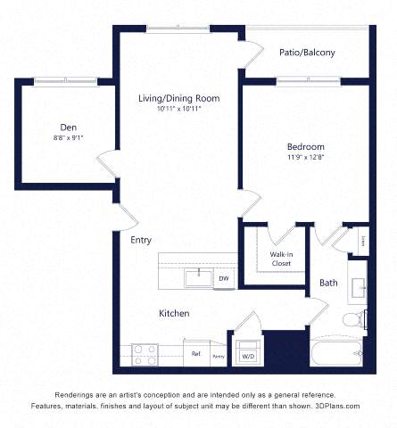 Floor plan for 1 bed, 1 bath, 797 sqft