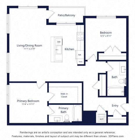 Floor plan for 2 beds, 2 baths, 1167 sqft