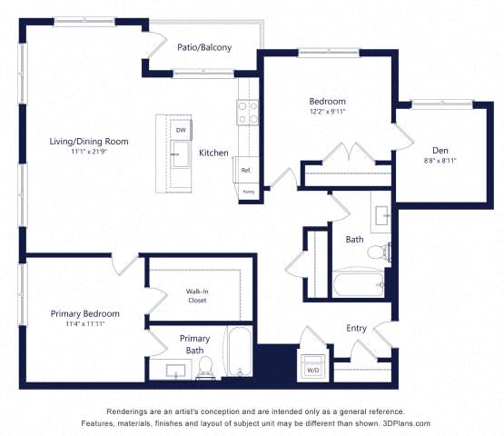 Floor plan for 2 beds, 2 baths, 1256 sqft
