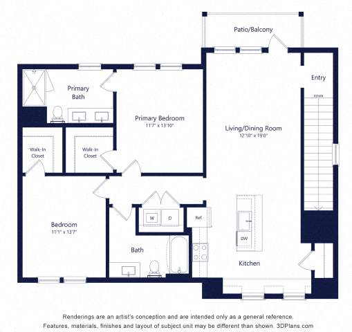 Floor plan for 2 beds, 2 baths, 1234 sqft