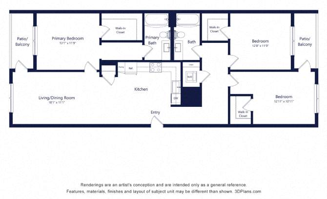Floor plan for 3 beds, 2 baths, 1418 sqft