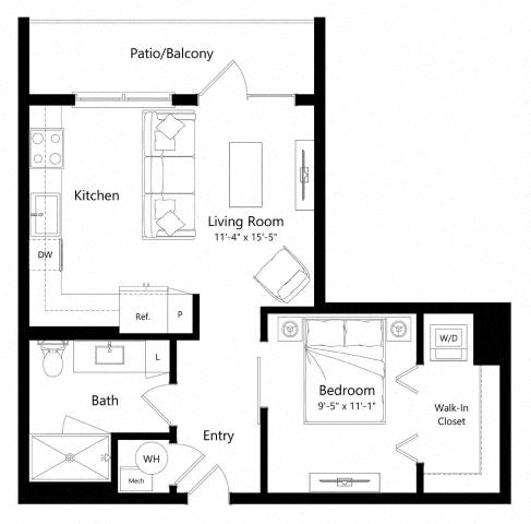 Floor plan for 1 bed, 1 bath, 601 sqft