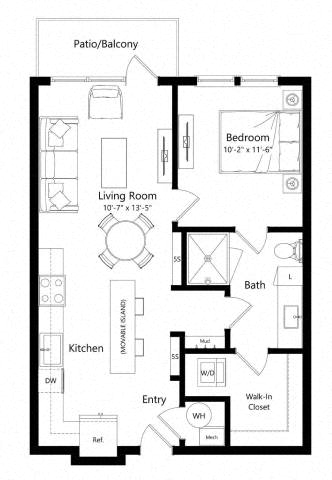 Floor plan for 1 bed, 1 bath, 724 sqft