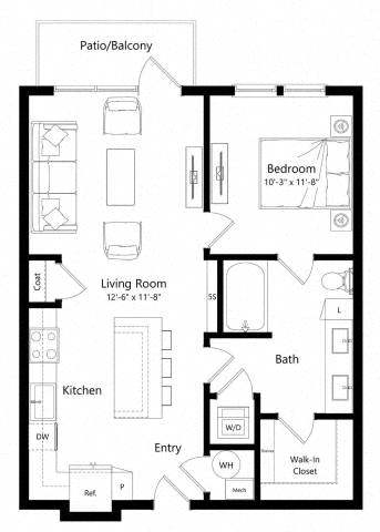 Floor plan for 1 bed, 1 bath, 745 sqft