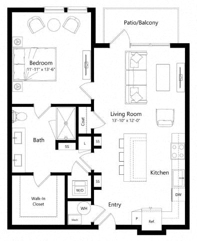 Floor plan for 1 bed, 1 bath, 818 sqft