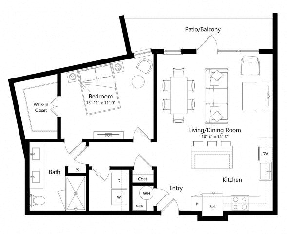 Floor plan for 1 bed, 1 bath, 840 sqft