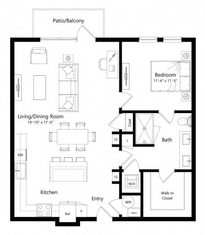 Floor plan for 1 bed, 1 bath, 903 sqft