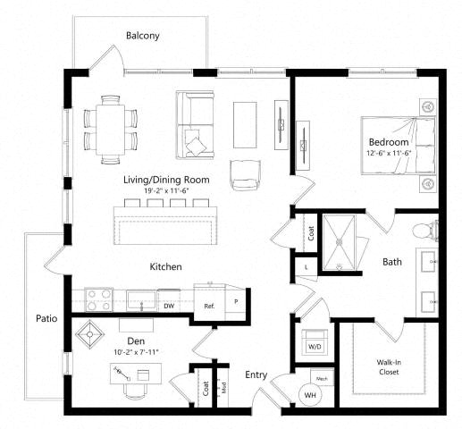 Floor plan for 1 bed, 1 bath, 990 sqft