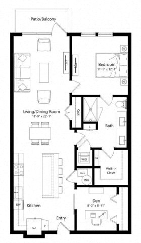 Floor plan for 1 bed, 1 bath, 1004 sqft