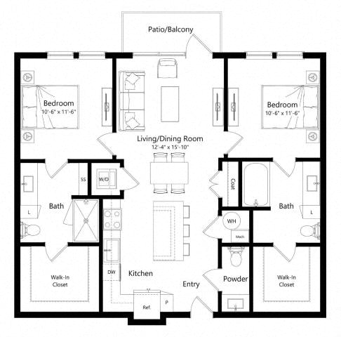 Floor plan for 2 beds, 2.5 baths, 1053 sqft