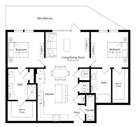 Floor plan for 2 beds, 2.5 baths, 1113 sqft
