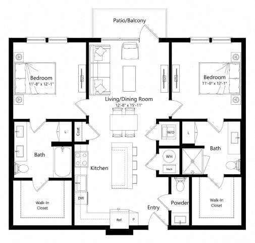 Floor plan for 2 beds, 2.5 baths, 1137 sqft