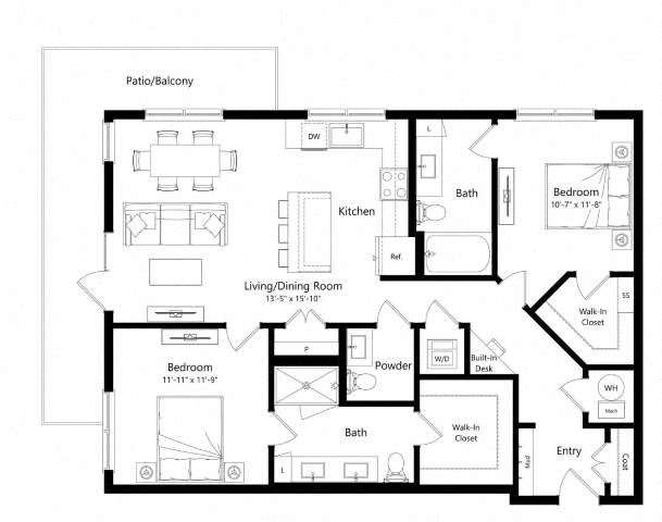Floor plan for 2 beds, 2.5 baths, 1200 sqft