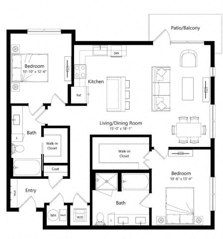 Floor plan for 2 beds, 2 baths, 1211 sqft