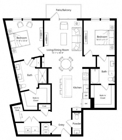 Floor plan for 2 beds, 2.5 baths, 1286 sqft