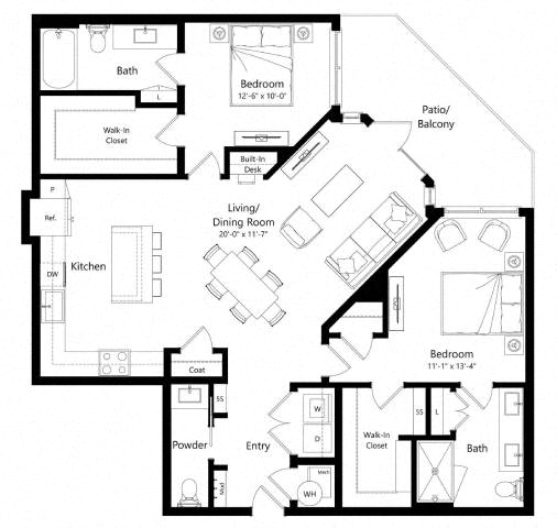 Floor plan for 2 beds, 2.5 baths, 1295 sqft