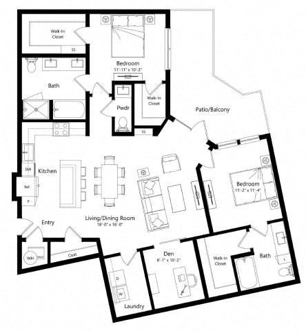 Floor plan for 2 beds, 2.5 baths, 1396 sqft