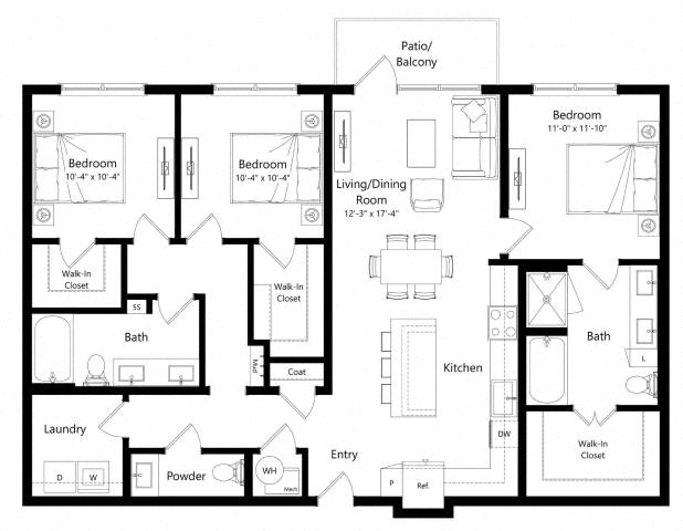 Floor plan for 3 beds, 2.5 baths, 1419 sqft