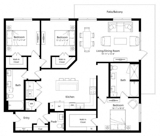 Floor plan for 3 beds, 2.5 baths, 1590 sqft