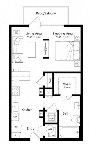 Floor plan for studio, 1 bath, 570 sqft
