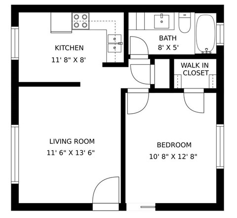 Floor plan for 1 bed, 1 bath, 650 sqft