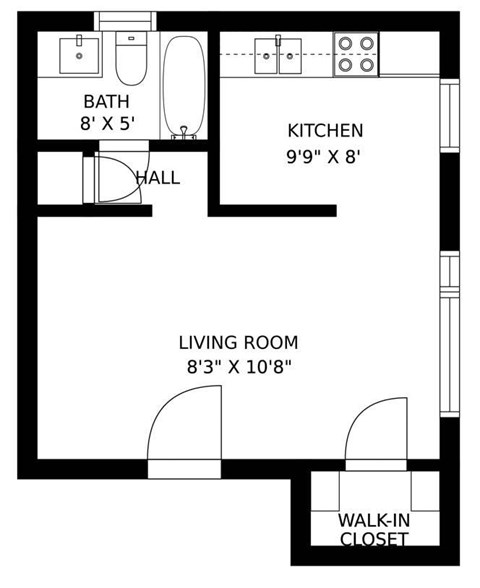 Floor plan for studio, 1 bath, 480 sqft