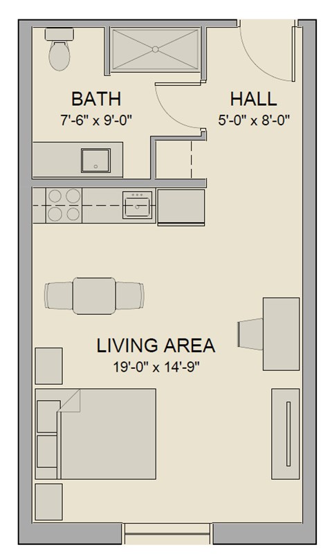 Floor plan for 1 bed, 1 bath, 390 sqft