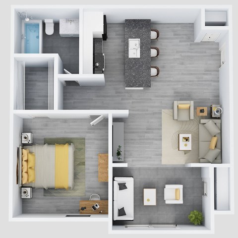 Floor plan for 1 bed, 1 bath, 658 sqft