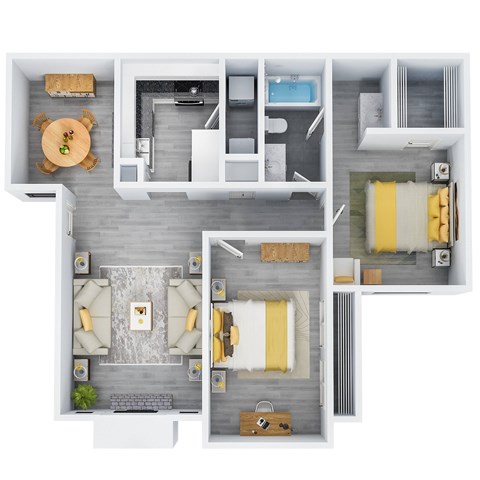 Floor plan for 2 beds, 1 bath, 934 sqft