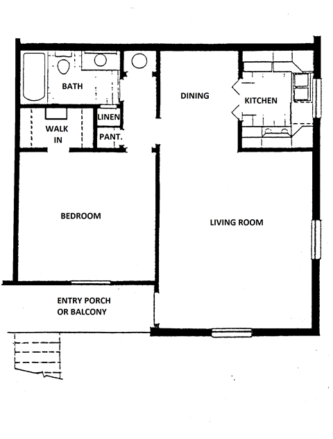 Floor plan for 1 bed, 1 bath, 719 sqft