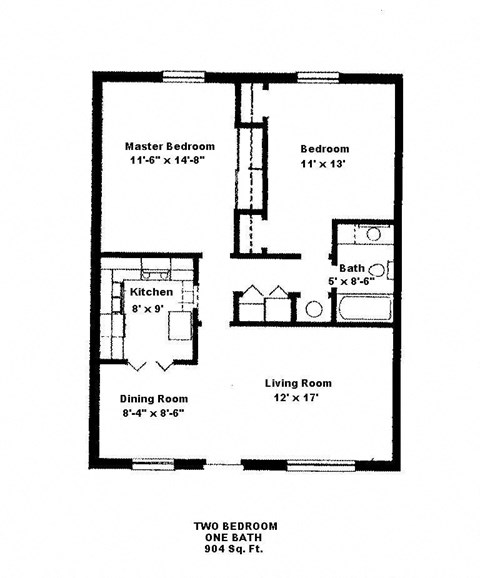 Floor plan for 2 beds, 1 bath, 904 sqft