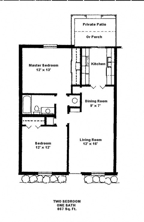 Floor plan for 2 beds, 1 bath, 867 sqft