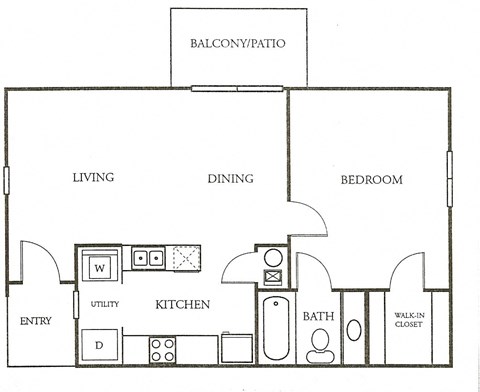 Floor plan for 1 bed, 1 bath, 751 sqft