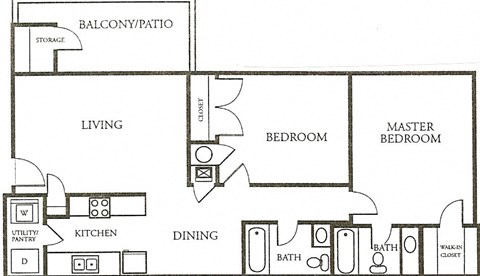 Floor plan for 2 beds, 2 baths, 1075 sqft