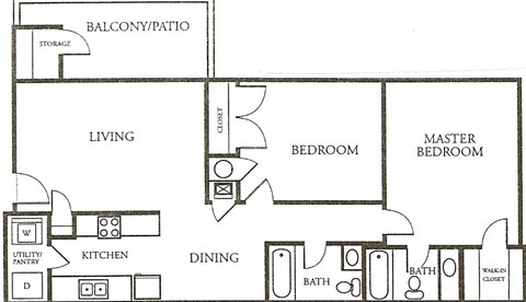 Floor plan for 2 beds, 2 baths, 1075 sqft