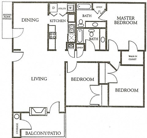 Floor plan for 3 beds, 2 baths, 1435 sqft