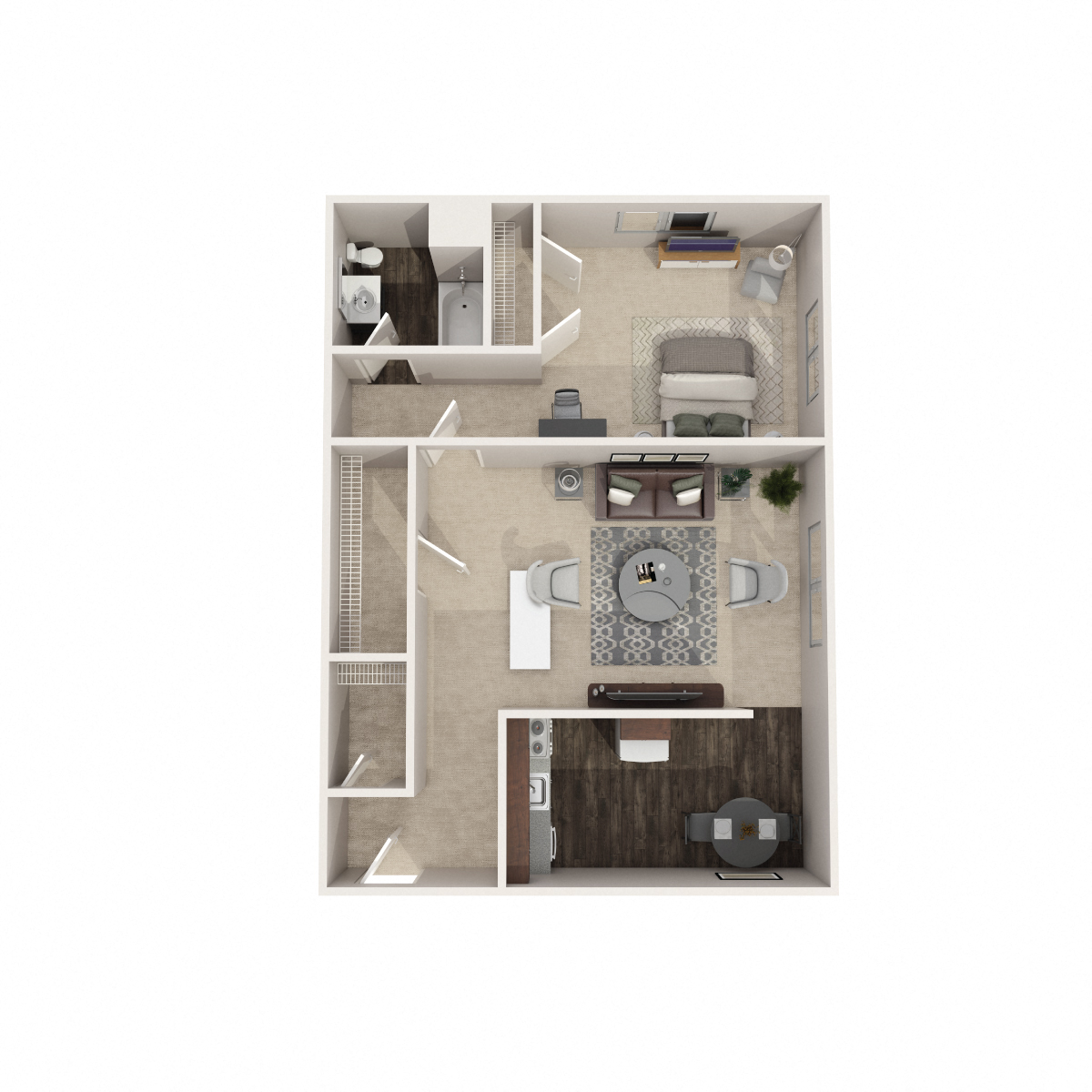 Floor plan for 1 bed, 1 bath, 593 sqft
