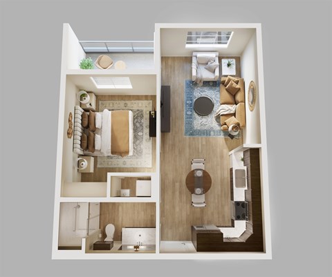 Floor plan for 1 bed, 1 bath, 673 sqft