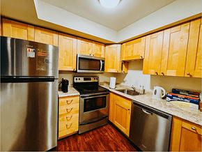 Alexandria apartment for rent - a kitchen with stainless steel appliances and wooden cabinets