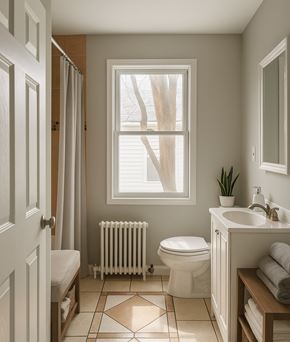 Collingswood apartment for rent - A bathroom with a toilet, sink, and window.