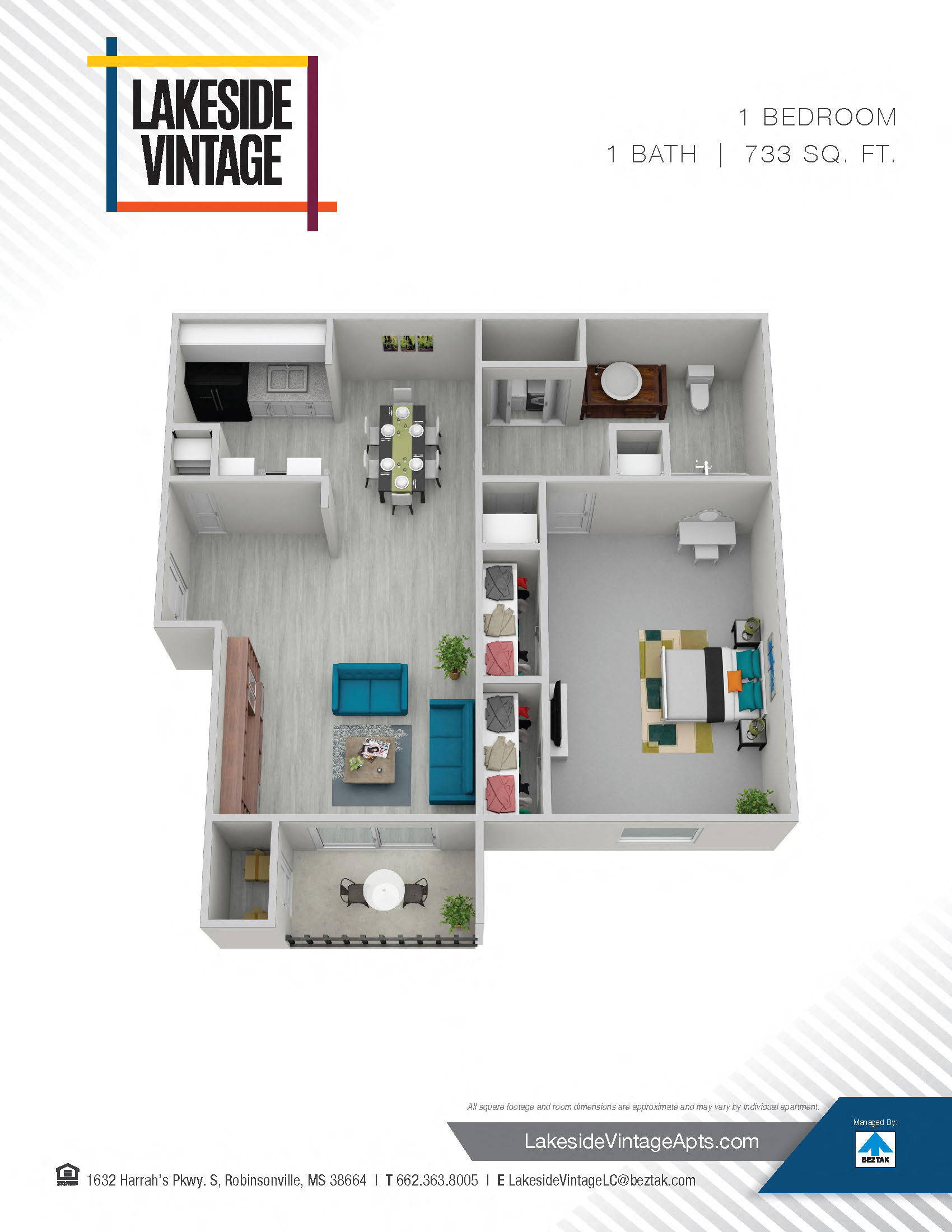Floor plan for 1 bed, 1 bath, 733 sqft