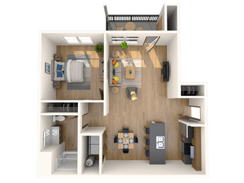 Floor plan for 1 bed, 1 bath, 935 sqft