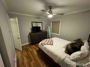 Charlotte house for rent - a bedroom with a bed and a ceiling fan and a dresser
