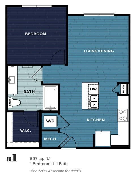 Floor plan for 1 bed, 1 bath, 697 sqft