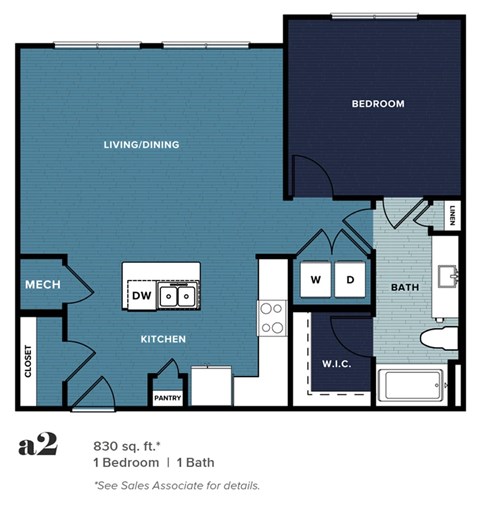 Floor plan for 1 bed, 1 bath, 830 sqft