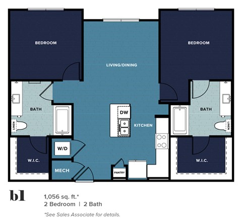 Floor plan for 2 beds, 2 baths, 1056 sqft
