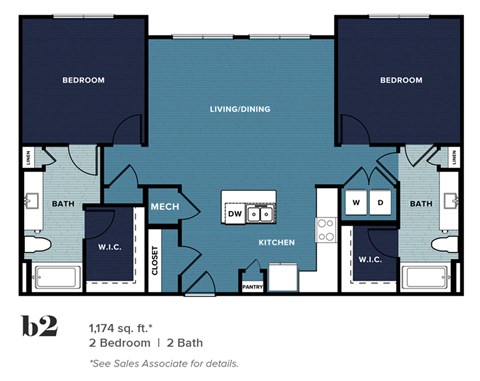 Floor plan for 2 beds, 2 baths, 1174 sqft