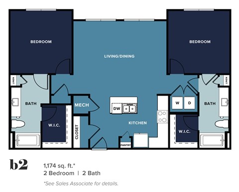 Floor plan for 2 beds, 2 baths, 1174 sqft
