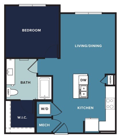 Floor plan for 1 bed, 1 bath, 697 sqft